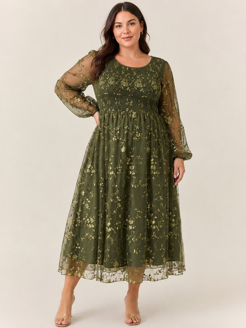 BloomChic Olive Green Gold Embroidered Mesh Maxi Dress Boho Cottagecore NWT 18
